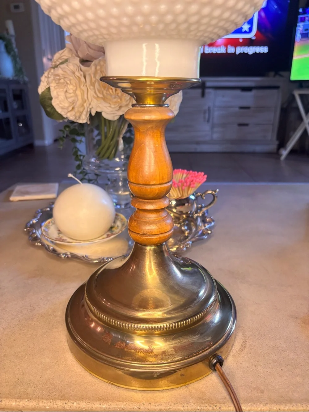 White Hobnail Glass Lantern Table Lamp with Brass Accents